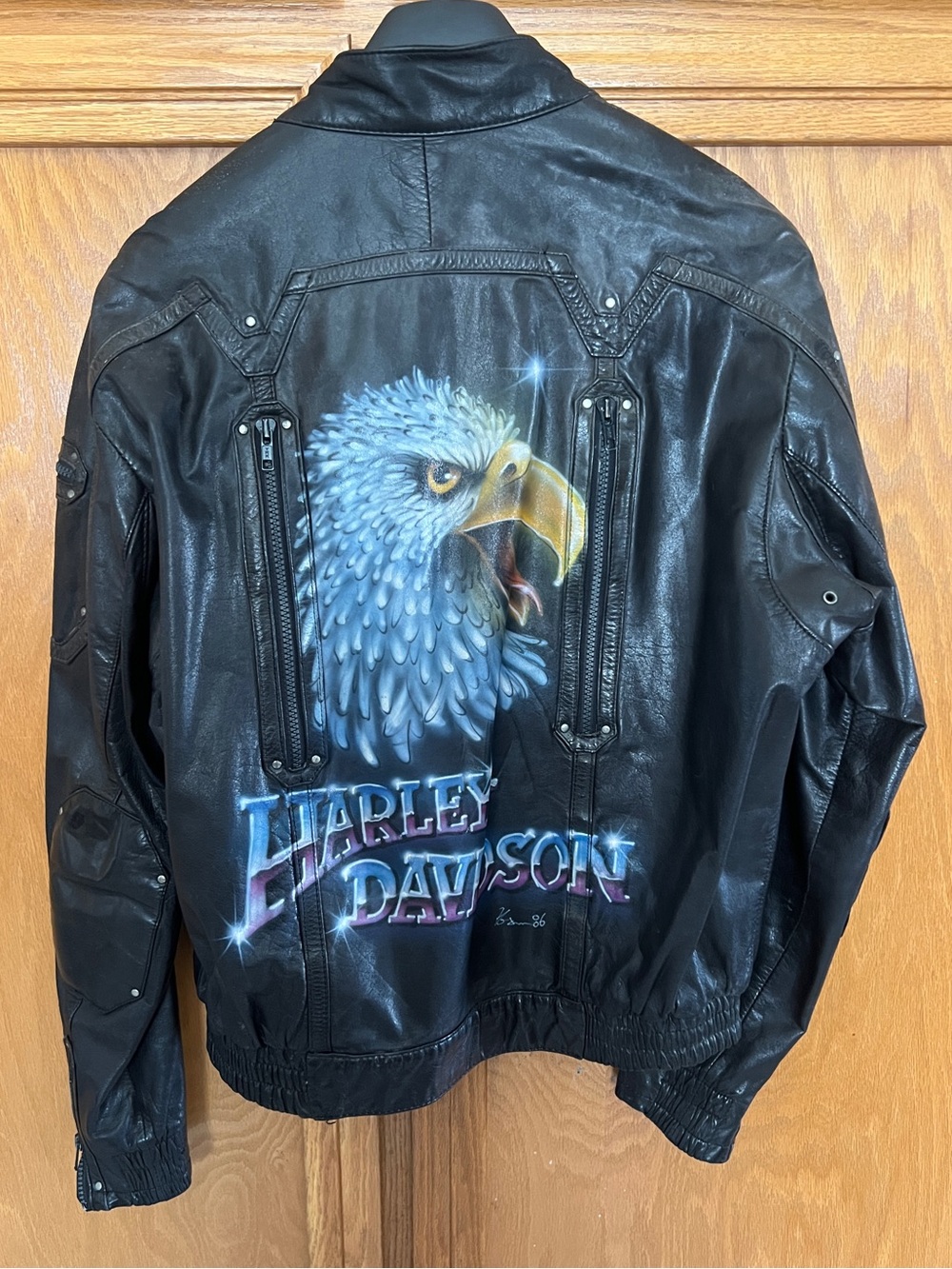 Vintage Harley Davidson leather jacket painted airbrush Eagle 1986